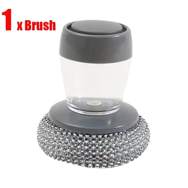 1~5Pcs Automatic Liquid Adding Pot Washing Brush Stainless Steel Press Brush Kitchen Tool Household Cleaning Brush