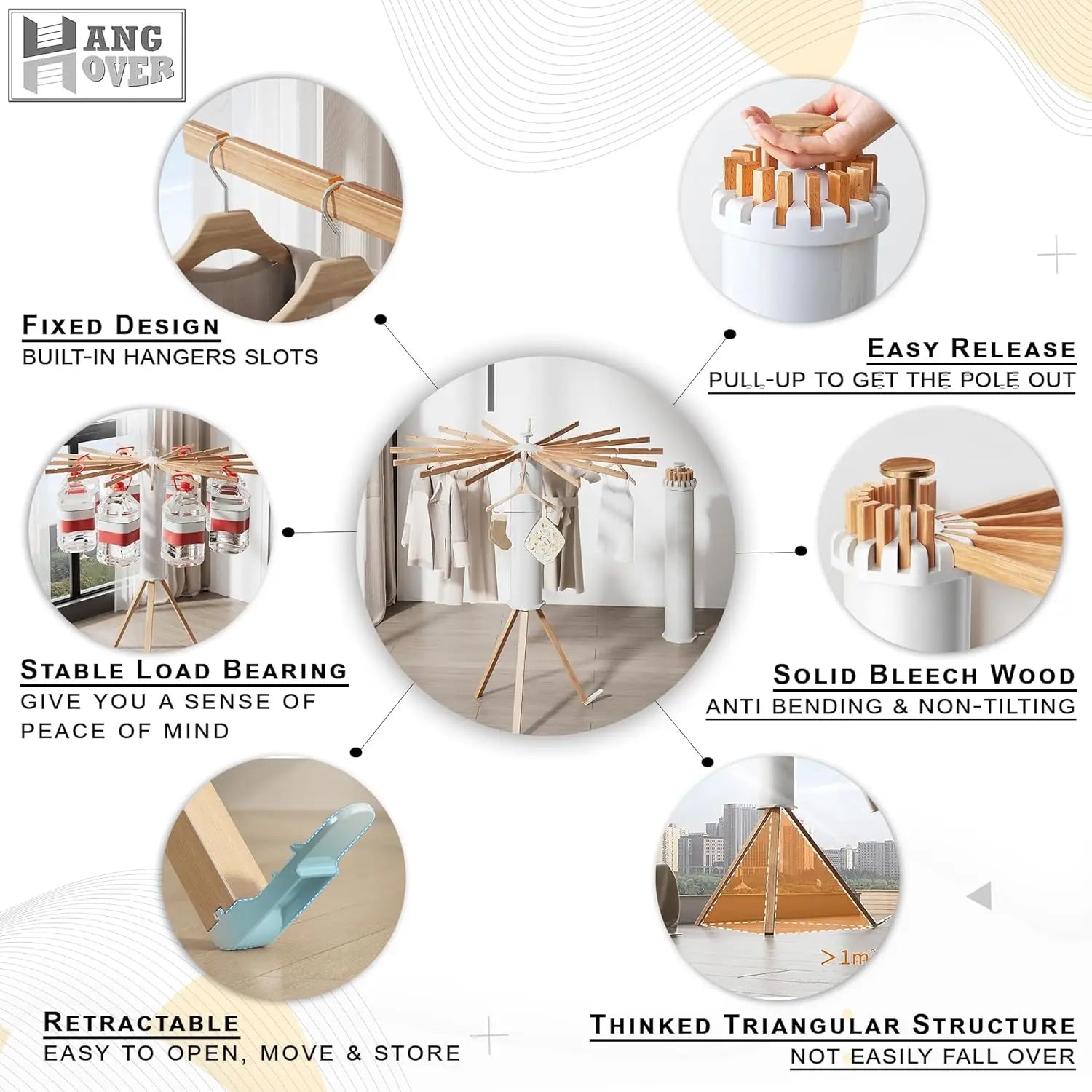 Foldable Octopus-Style Clothes Drying Rack Foldable Clothes Drying Bamboo Rack Portable Rotating Clothes Drying Rod 16 Rods